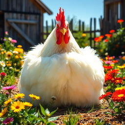 A large, fluffy white chicken with a round body, sitting comfortably in a sunny farmyard, surrounded by colorful flowers and a rustic wooden fence in the background