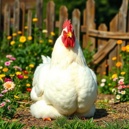 A large, fluffy white chicken with a round body, sitting comfortably in a sunny farmyard, surrounded by colorful flowers and a rustic wooden fence in the background