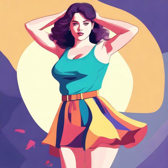 A digital art image of a young woman with fair skin and a curvaceous figure, playfully lifting her skirt