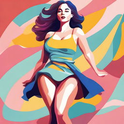 A digital art image of a young woman with fair skin and a curvaceous figure, playfully lifting her skirt