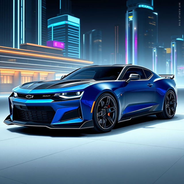 A futuristic concept car featuring a hybrid design that merges a classic Chevrolet Camaro and a Dodge Challenger for the year 2026