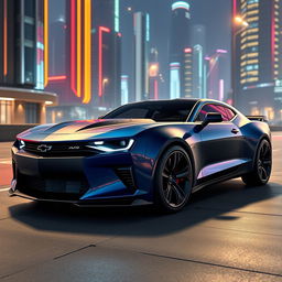 A futuristic concept car featuring a hybrid design that merges a classic Chevrolet Camaro and a Dodge Challenger for the year 2026