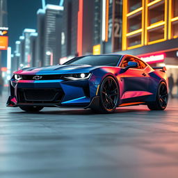 A futuristic concept car featuring a hybrid design that merges a classic Chevrolet Camaro and a Dodge Challenger for the year 2026