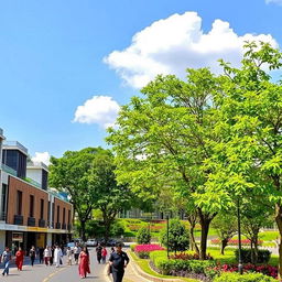 A vibrant and picturesque scene of Mirpur DOHS, showcasing the modern residential architecture and lush green parks