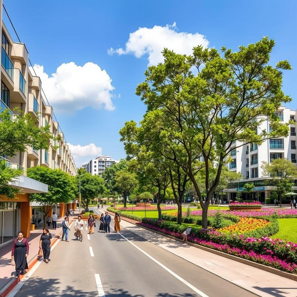 A vibrant and picturesque scene of Mirpur DOHS, showcasing the modern residential architecture and lush green parks