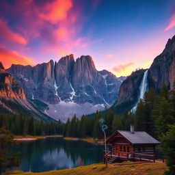 A majestic, towering mountain landscape at sunset, vibrant orange and purple hues fill the sky, reflecting off a serene lake in the foreground surrounded by lush green pine trees