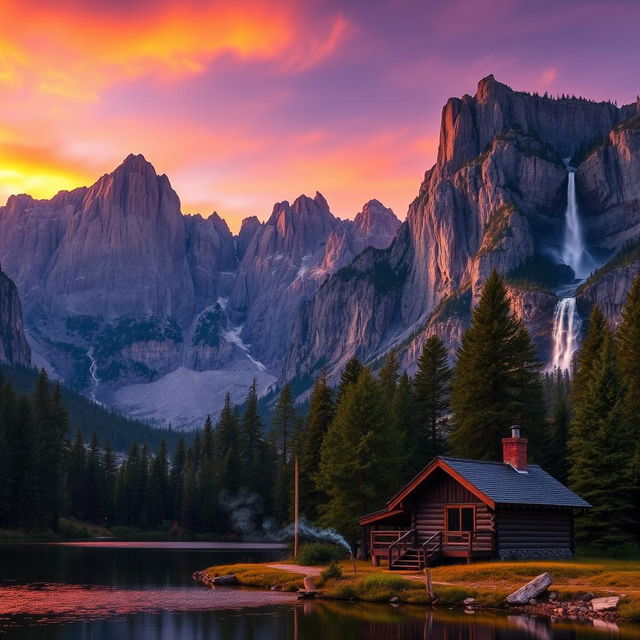 A majestic, towering mountain landscape at sunset, vibrant orange and purple hues fill the sky, reflecting off a serene lake in the foreground surrounded by lush green pine trees