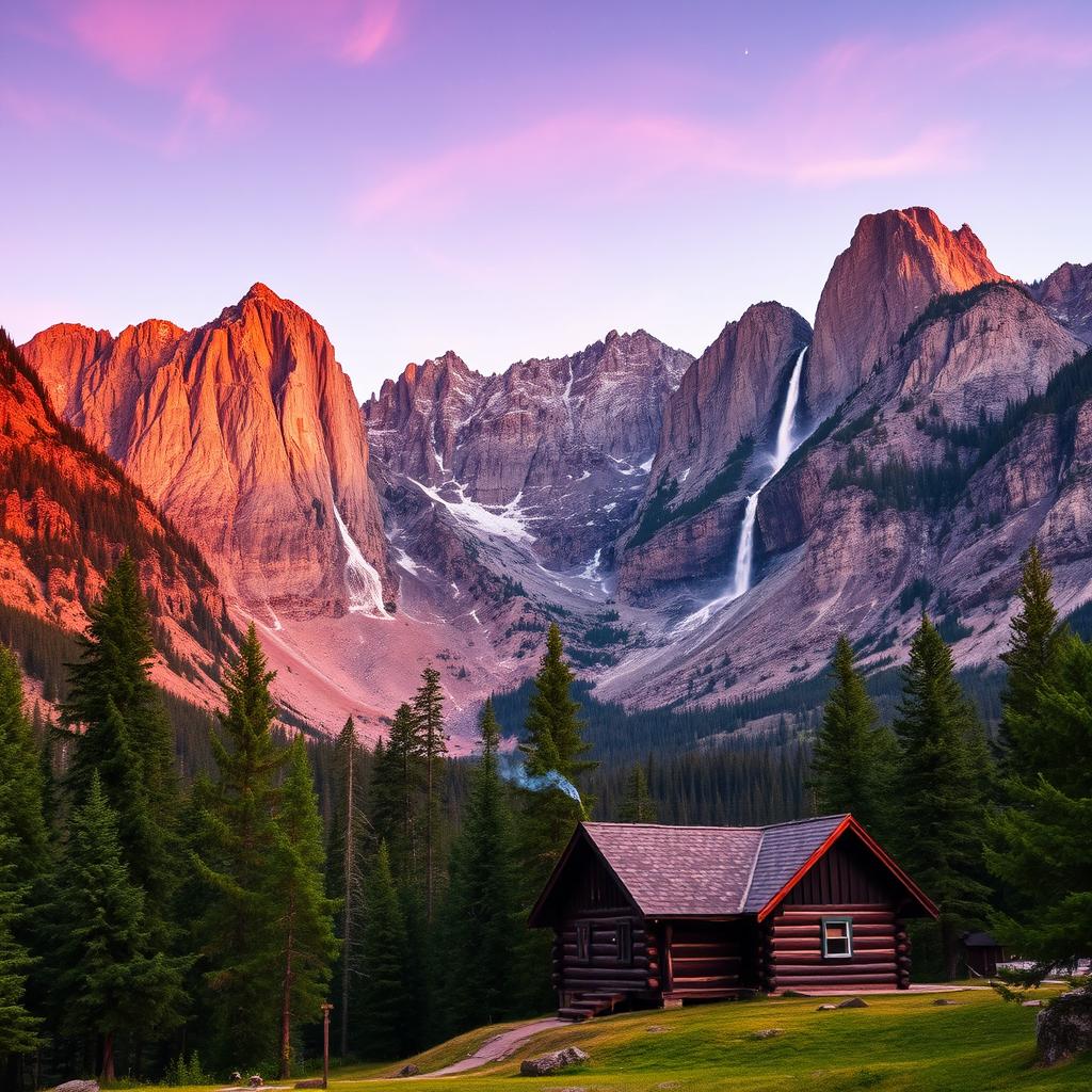 A majestic, towering mountain landscape at sunset, vibrant orange and purple hues fill the sky, reflecting off a serene lake in the foreground surrounded by lush green pine trees