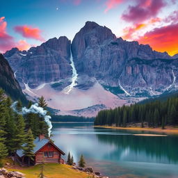 A majestic, towering mountain landscape at sunset, vibrant orange and purple hues fill the sky, reflecting off a serene lake in the foreground surrounded by lush green pine trees