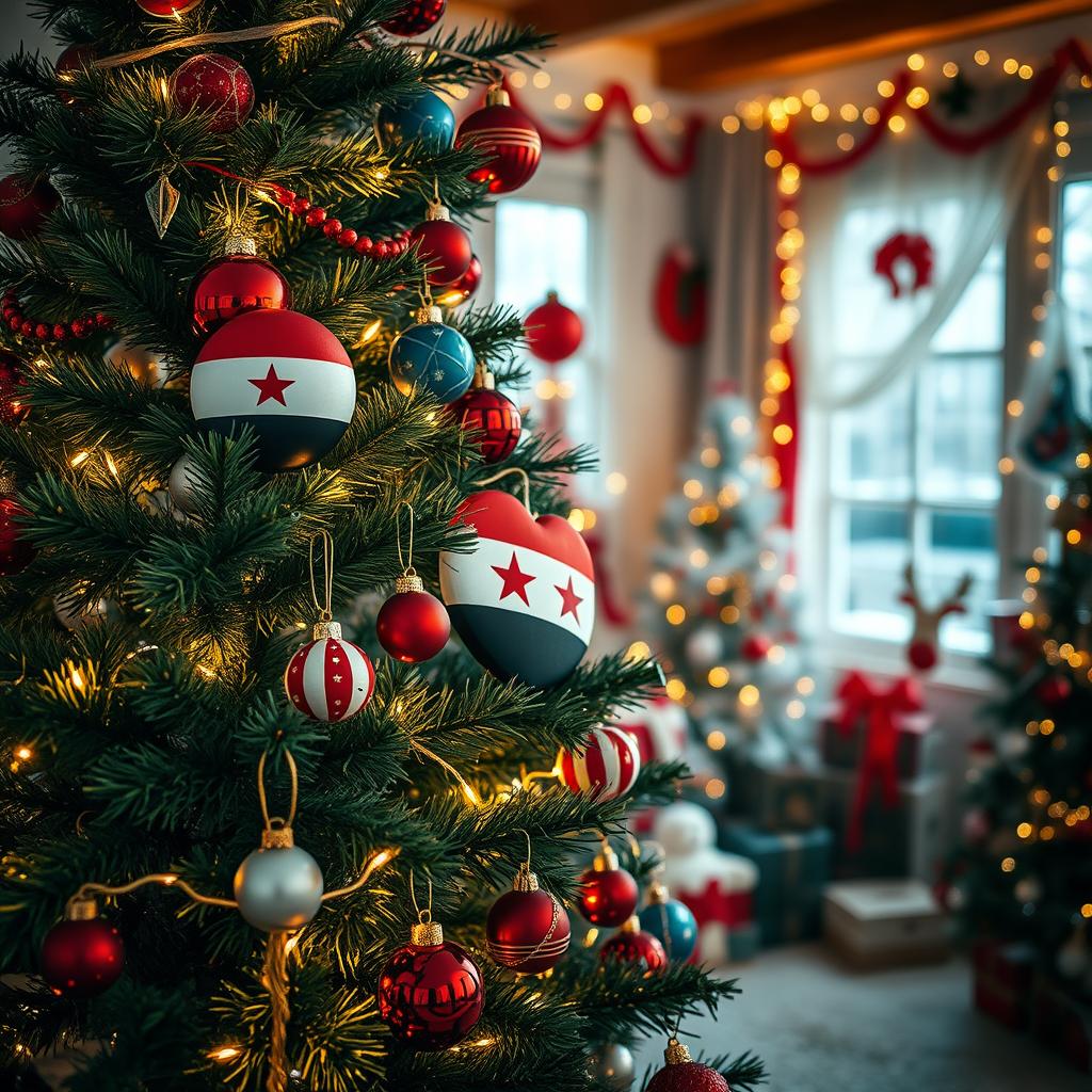 A festive Christmas tree decorated with ornaments in the colors of the Syrian flag: red, white, and black