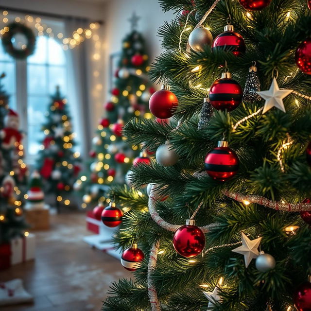 A festive Christmas tree decorated with ornaments in the colors of the Syrian flag: red, white, and black