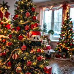 A festive Christmas tree decorated with ornaments in the colors of the Syrian flag: red, white, and black