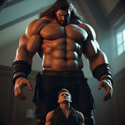 A very large and tall muscular man with a berserker look, featuring broad shoulders and a barrel chest
