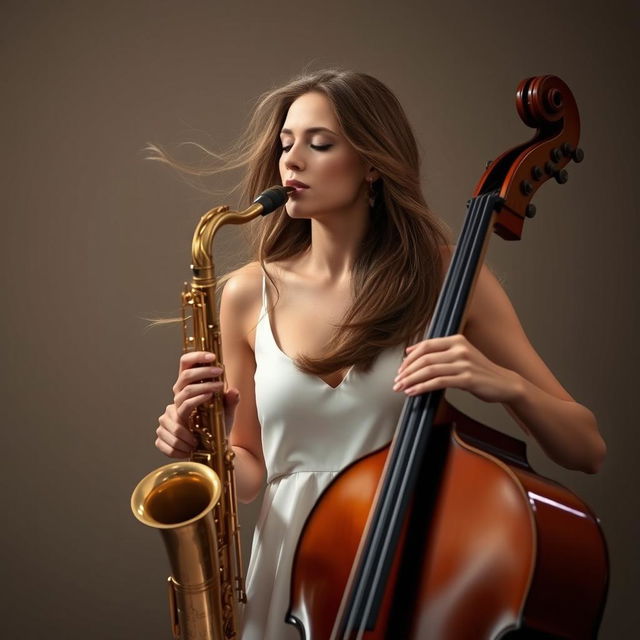 A graceful female musician, playing the saxophone and cello simultaneously, adorned in a simple white dress