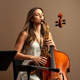 A graceful female musician, playing the saxophone and cello simultaneously, adorned in a simple white dress