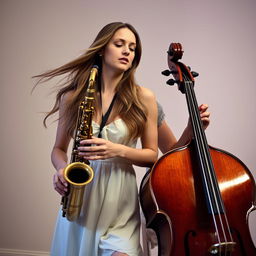 A graceful female musician, playing the saxophone and cello simultaneously, adorned in a simple white dress