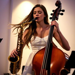 A graceful female musician, playing the saxophone and cello simultaneously, adorned in a simple white dress