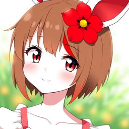 An anime girl with white skin and brown hair featuring a striking red strand, styled in a short haircut