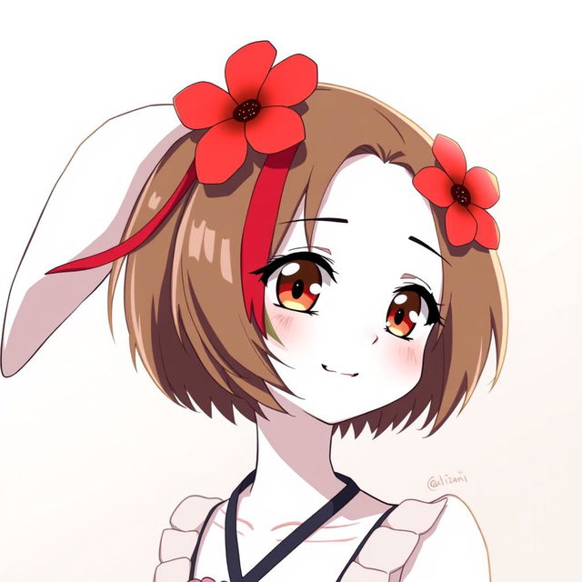 An anime girl with white skin and brown hair featuring a striking red strand, styled in a short haircut