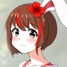 An anime girl with white skin and brown hair featuring a striking red strand, styled in a short haircut