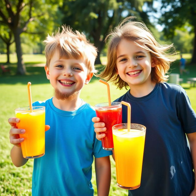 Two boys joyfully holding colorful juice drinks, with one boy sporting a long beard and flowing hair