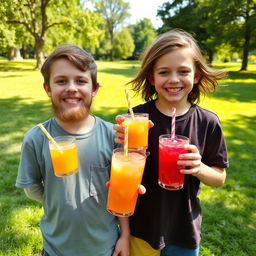 Two boys joyfully holding colorful juice drinks, with one boy sporting a long beard and flowing hair