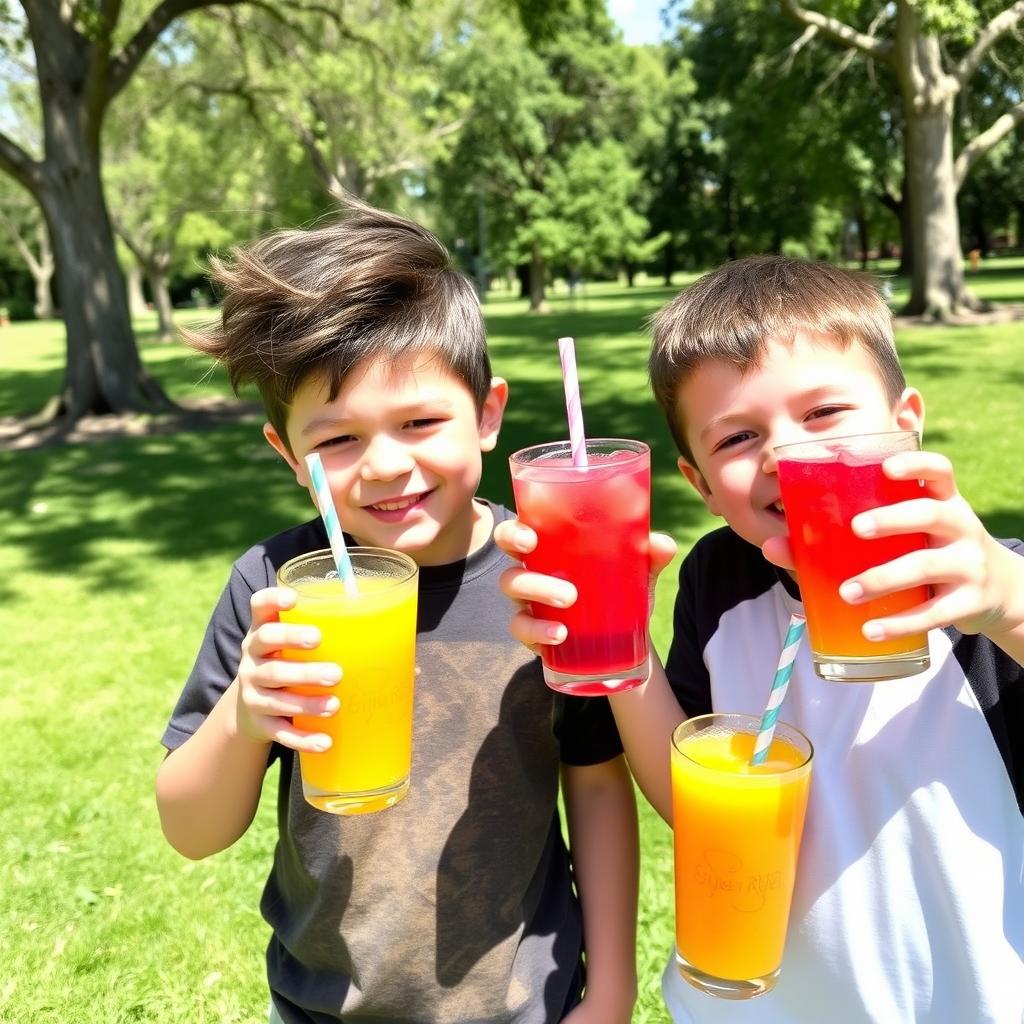 Two boys joyfully holding colorful juice drinks, with one boy sporting a long beard and flowing hair