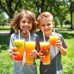Two boys joyfully holding colorful juice drinks, with one boy sporting a long beard and flowing hair