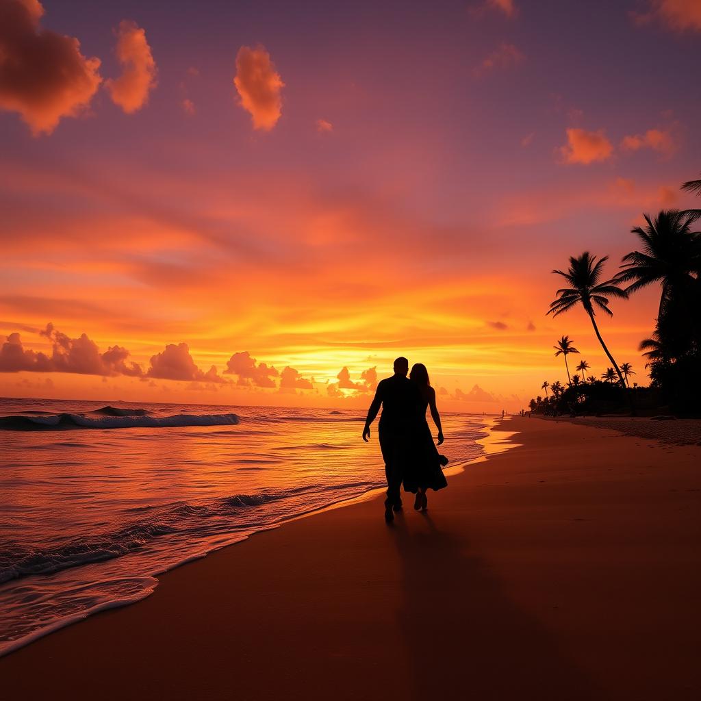 A serene beach scene at sunset, featuring golden sand and gentle waves lapping at the shore