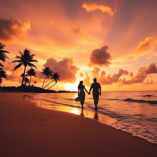 A serene beach scene at sunset, featuring golden sand and gentle waves lapping at the shore