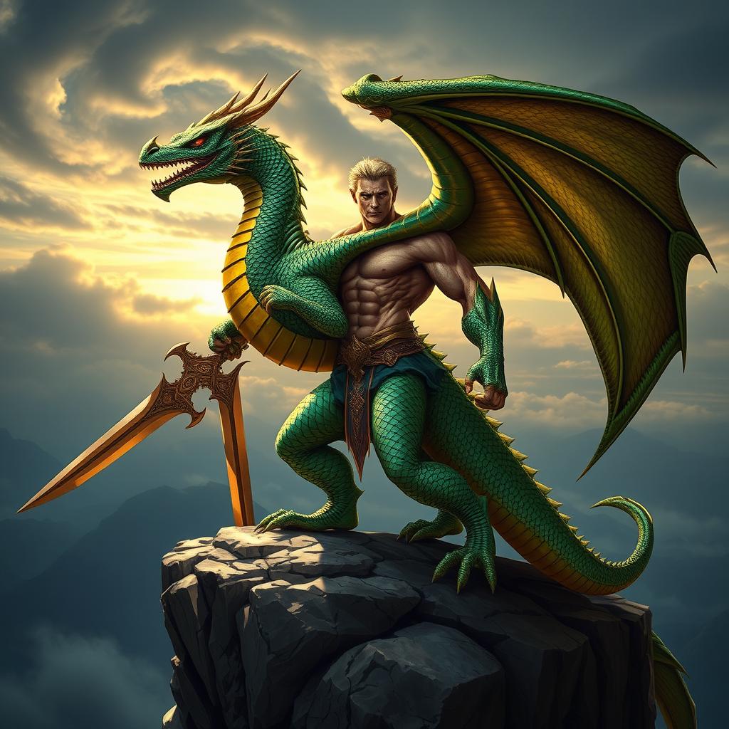 A powerful draconic warrior, depicted as a half-dragon, standing on a rocky cliff