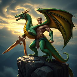 A powerful draconic warrior, depicted as a half-dragon, standing on a rocky cliff