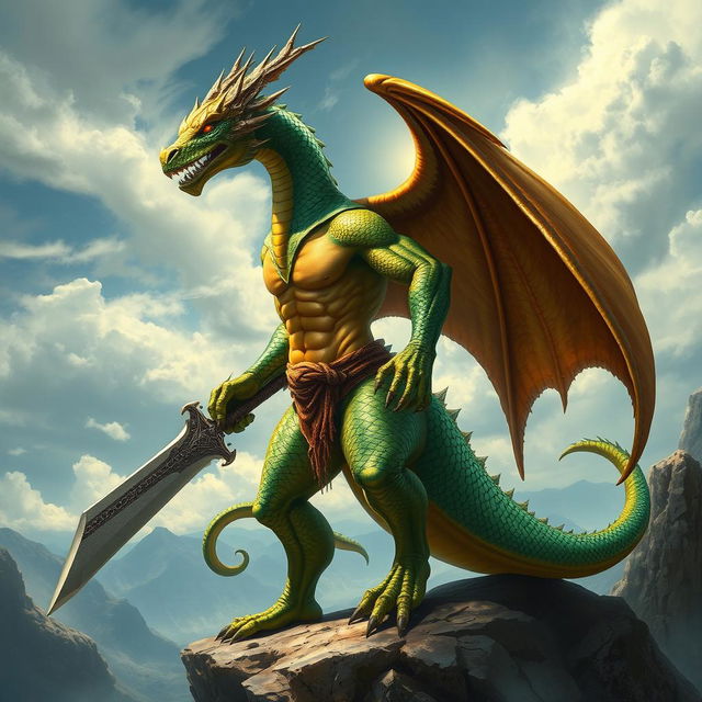 A powerful draconic warrior, depicted as a half-dragon, standing on a rocky cliff