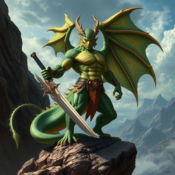 A powerful draconic warrior, depicted as a half-dragon, standing on a rocky cliff