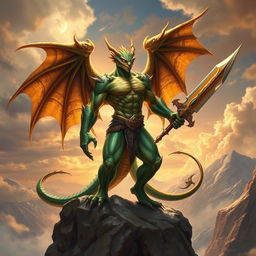 A powerful draconic warrior, depicted as a half-dragon, standing on a rocky cliff