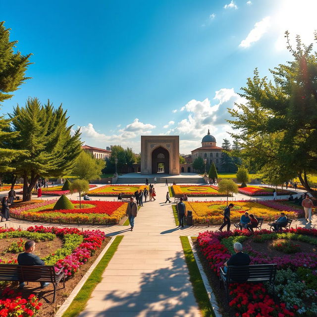 A stunning depiction of the Shahyad Square in the National Garden of Arak, featuring lush greenery, colorful flowers, and the iconic structure of Shahyad monument in the center