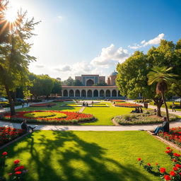 A stunning depiction of the Shahyad Square in the National Garden of Arak, featuring lush greenery, colorful flowers, and the iconic structure of Shahyad monument in the center