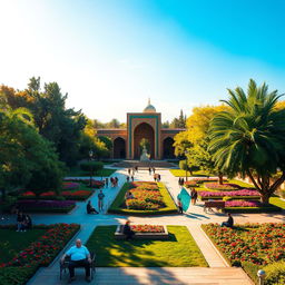 A stunning depiction of the Shahyad Square in the National Garden of Arak, featuring lush greenery, colorful flowers, and the iconic structure of Shahyad monument in the center