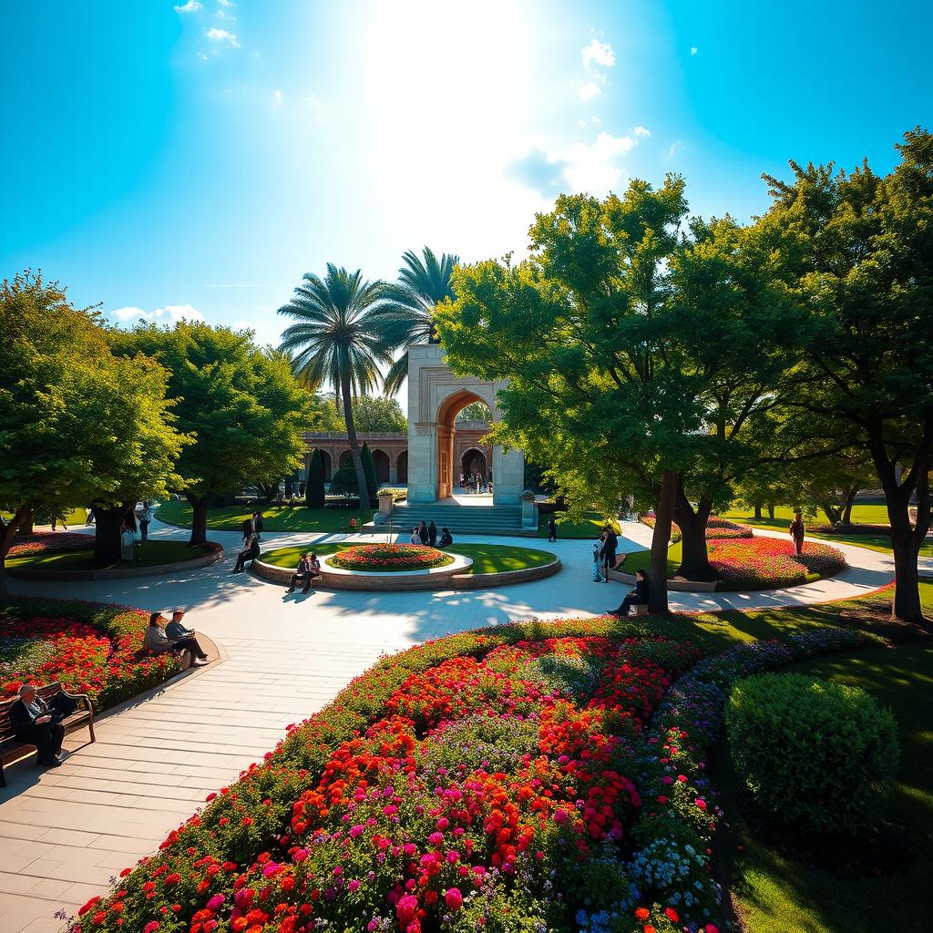 A stunning depiction of the Shahyad Square in the National Garden of Arak, featuring lush greenery, colorful flowers, and the iconic structure of Shahyad monument in the center