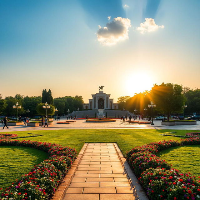 A vibrant scene of Shahyad Square (Azadi Square) located in the middle of Melli Park in Arak, Iran