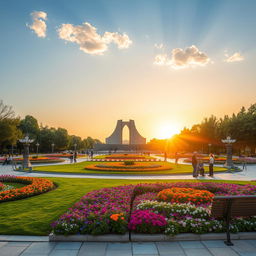 A vibrant scene of Shahyad Square (Azadi Square) located in the middle of Melli Park in Arak, Iran
