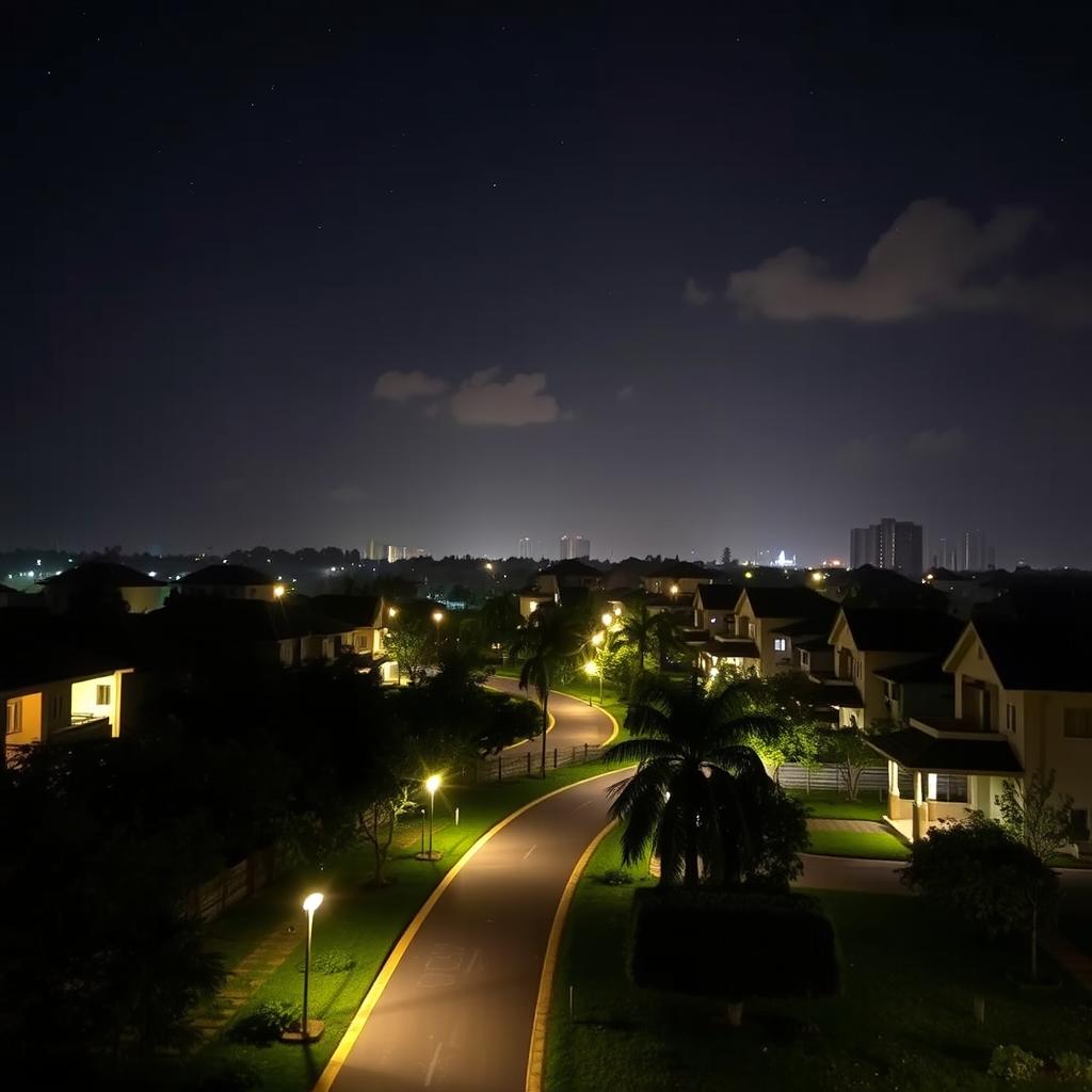 A serene night scene in Mirpur DOHS, showcasing a quiet residential area with beautiful houses surrounded by lush greenery and well-maintained roads