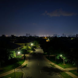 A serene night scene in Mirpur DOHS, showcasing a quiet residential area with beautiful houses surrounded by lush greenery and well-maintained roads