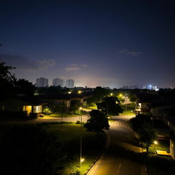 A serene night scene in Mirpur DOHS, showcasing a quiet residential area with beautiful houses surrounded by lush greenery and well-maintained roads