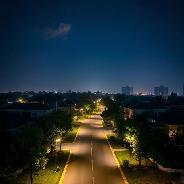 A serene night scene in Mirpur DOHS, showcasing a quiet residential area with beautiful houses surrounded by lush greenery and well-maintained roads