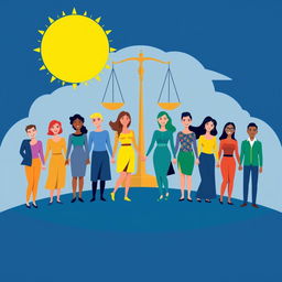 A powerful illustration of gender equality, depicting a diverse group of people of all genders standing together on equal footing, holding hands and smiling confidently