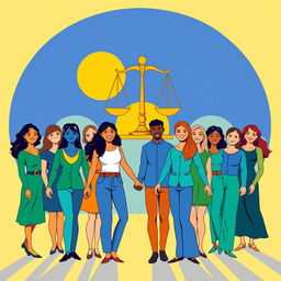 A powerful illustration of gender equality, depicting a diverse group of people of all genders standing together on equal footing, holding hands and smiling confidently