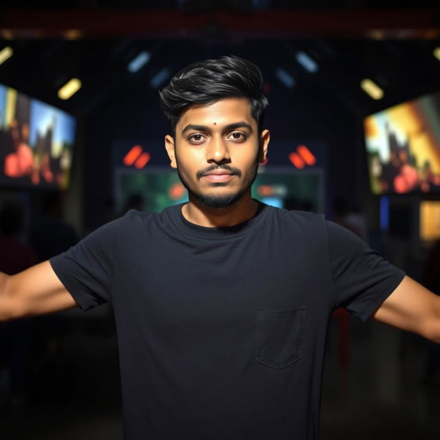 A young Bangladeshi man with short black hair and a light beard, wearing a black T-shirt, stands confidently with his arms outstretched in a dark, dramatic environment