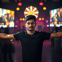 A young Bangladeshi man with short black hair and a light beard, wearing a black T-shirt, stands confidently with his arms outstretched in a dark, dramatic environment