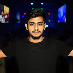 A young Bangladeshi man with short black hair and a light beard, wearing a black T-shirt, stands confidently with his arms outstretched in a dark, dramatic environment